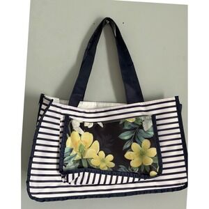 Navy White Striped Floral Pocket Tote Bag Beach Travel Carryall Handbag